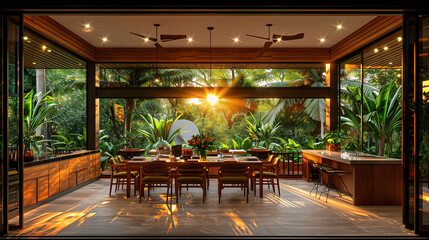 Modern dining room with large windows overlooking a tropical garden at sunset.