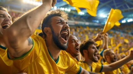 group of happy men supporting a team with yellow shirts in the stadium with yellow flags