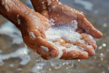 Fototapeta premium Close-up of water drops and bubbles on adult hands as they catch clear water