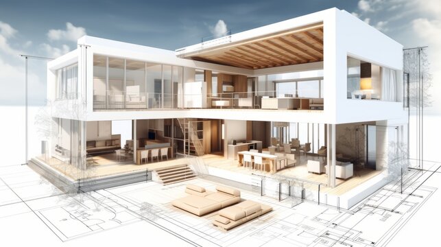 vision of architecture of a 3d model house project with blueprint