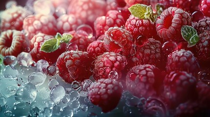 Frozen red raspberries and red emerald pieces. Generative AI.