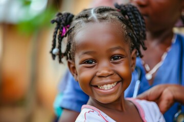 Close-up of a happy young African girl with braids, smiling brightly outdoors - obrazy, fototapety, plakaty