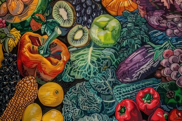 Colorful artistic mural showcasing a variety of textured fruits and veggies - obrazy, fototapety, plakaty