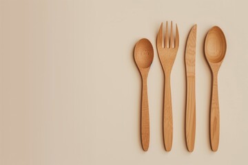 Top view of an elegant wooden spoon, fork, and knife arranged on a beige background