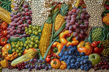 Artistic bean mosaic resembling a vibrant assortment of fruits and vegetables