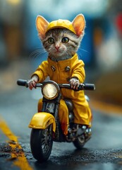 a super mini kitten this cat is a takeaway worker has beautiful eyes wearing a yellow takeaway costume riding a motorcycle
