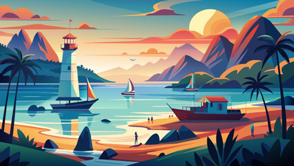 sunset over the sea and mountain vector art illustration - obrazy, fototapety, plakaty