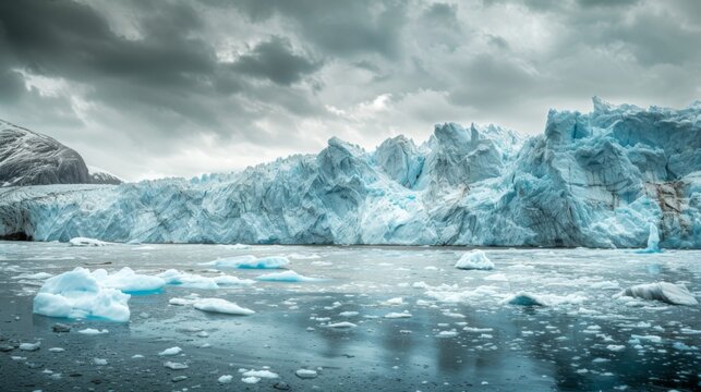 A stunning display of Earth's raw beauty, this image captures a glacial landscape enveloped by dark, brooding skies. The stark blues and whites of the ice starkly contrast with the moody grey overhead
