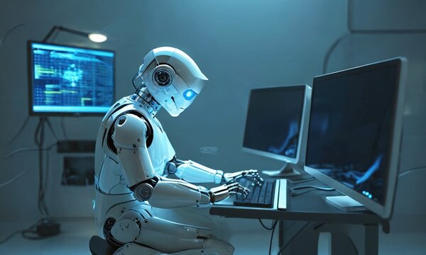 Robot with humanoid head types away on a keyboard in an illuminated futuristic environment.