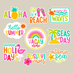 Set of girl fashion patches, colorful cute cartoon badges, fun stickers design for
summer holidays concept.
