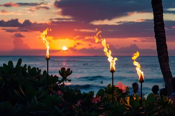 Keuken spatwand met foto Hawaii sunset with fire torches © Fabio