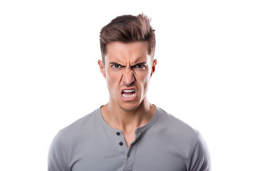 Portrait of a man with an expressive face and casual style isolated on transparent background.