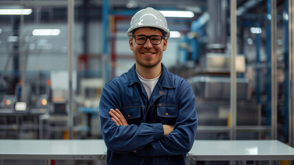 an industrial engineer wearing blue overalls and safety glasses, standing in front of modern machinery with glass walls, symbolizing innovation and technical skill.