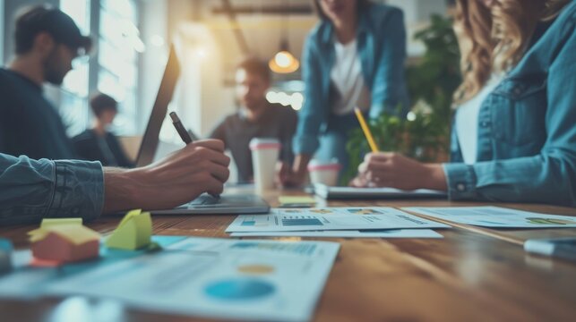 Startup colleagues utilize digital tools for collaborative note-taking,  enhancing communication during a productive meeting