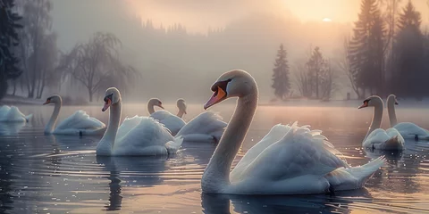 Küchenrückwand glas motiv A group of swans in a lake. Generative AI. © visoot