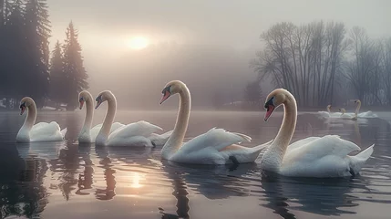 Foto op Plexiglas A group of swans in a lake. Generative AI. © visoot