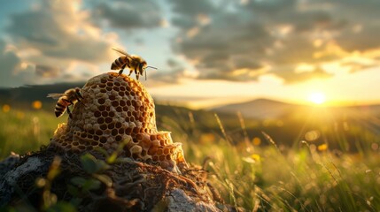 Two bees are perched on the peak of a beehive located in a green field, under the suns warm rays on a clear day - obrazy, fototapety, plakaty