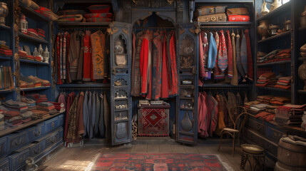 Vintage clothing store interior with assorted colorful garments on display, exuding a rustic charm. - obrazy, fototapety, plakaty