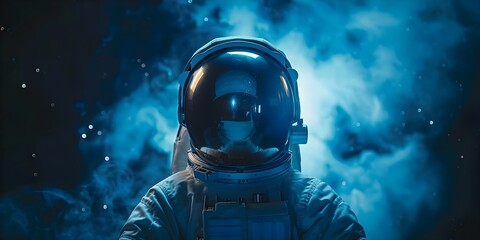 Captivating Image of an Astronaut in a Reflective Space Suit with a Galaxy Background, Close-Up Shot. Concept Space Photography, Reflective Space Suit, Astronaut Portrait, Galaxy Background - obrazy, fototapety, plakaty