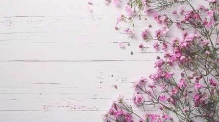 fresh flowers arranged in the lower right corner of a white wooden background, exuding a minimalistic style and offering ample empty space for text, in a realistic scene.