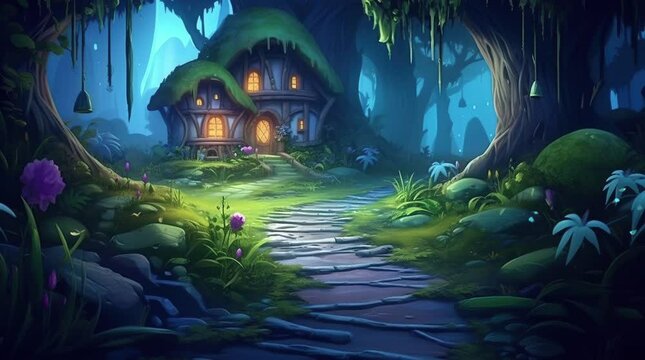 Enchanted Hideaway: Fantasy House Amidst the Mystical Mist of the Forest  Seamless looping 4k time-lapse virtual video animation background. Generated AI