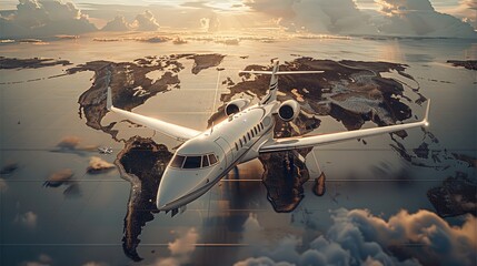 A business jet over world map. Generative AI. - obrazy, fototapety, plakaty