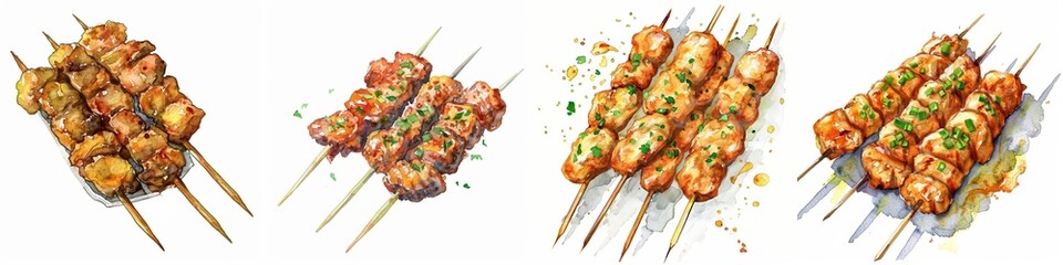 Assorted watercolor grilled kebabs on skewers with vibrant splashes, depicting an appealing street food concept or summer barbeque gathering - obrazy, fototapety, plakaty