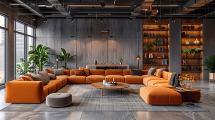 Modern living room interior with stylish orange sofas, coffee table, plants, and elegant decor. - obrazy, fototapety, plakaty