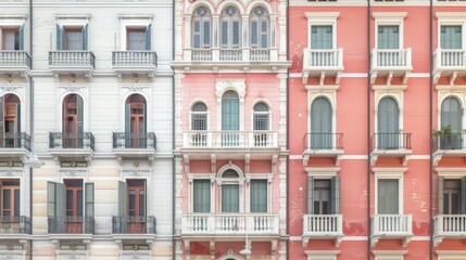 Naklejka premium a beautiful building harmoniously blending Italian, Spanish, and British styles for the facade, seamlessly integrating modern technological advances, in a realistic photograph.