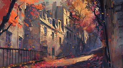 Illustration of street and city atmosphere in Paris, France in the past.