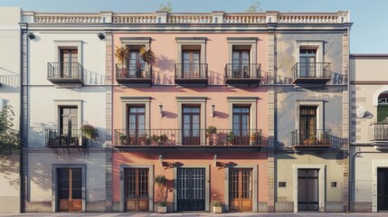 Fototapeta na wymiar a beautiful building harmoniously blending Italian, Spanish, and British styles for the facade, seamlessly integrating modern technological advances, in a realistic photograph.