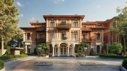 Fototapeta premium a beautiful building harmoniously blending Italian, Spanish, and British styles for the facade, seamlessly integrating modern technological advances, in a realistic photograph.