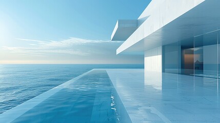 Fototapeta premium Minimalist and fashionable architecture, minimalist flooring, high-end and sea views. Generative AI.