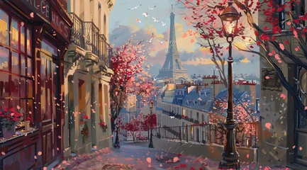 Tuinposter Illustration of street and city atmosphere in Paris, France in the past. © Aisyaqilumar