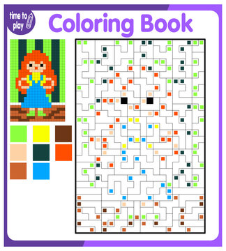 Coloring by numbers, educational game for children. Copy the image and add the grid image. Study the worksheets showing squares. Pixel pictures, vector illustration. girl