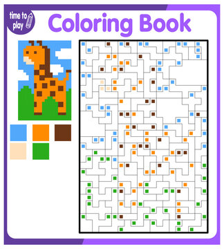 Coloring by numbers, educational game for children. Copy the image and add the grid image. Study the worksheets showing squares. Pixel pictures, vector illustration. giraffe. animal