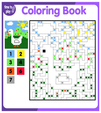 Coloring by numbers, educational game for children. Copy the image and add the grid image. Study the worksheets showing squares. Pixel pictures, vector illustration. goose. animal