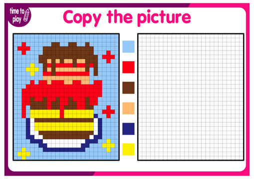 Coloring by numbers, educational game for children. Copy the image and add the grid image. Study the worksheets showing squares. Pixel pictures, vector illustration. cake