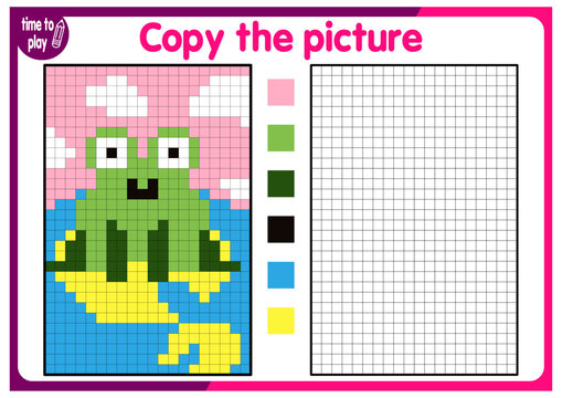 Coloring by numbers, educational game for children. Copy the image and add the grid image. Study the worksheets showing squares. Pixel pictures, vector illustration. frog. animal