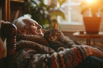 Elderly man and gray cat enjoy a serene sunset in a cozy room filled with books and plants, capturing the warmth and emotional support animal pets provide, relaxation and companionship - obrazy, fototapety, plakaty