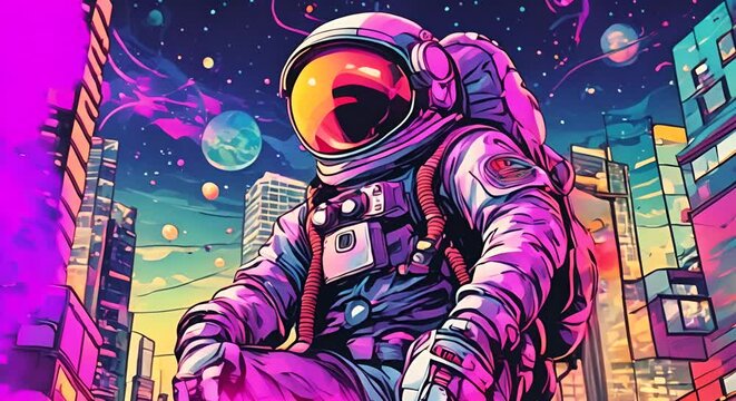 Animation of psychedelic sketch cartoon astronaut in the city Crazy colorful background