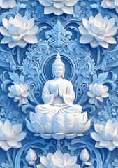White Buddha statue shown in lotus position with a beautiful blue backdrop and white lotus flowers. It represents a spiritual art which reflects Buddhist culture, meditation traditions.