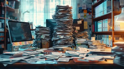 A detailed office, a cluttered desk with a chaotic agenda and a mountain of unsorted emails on a computer screen, reflecting a stressful Monday morning. Generative AI.