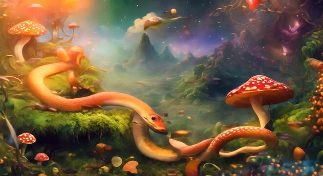 Motion animation of surreal painting of snakes and mushrooms Digital image painted manipulation impressionism style