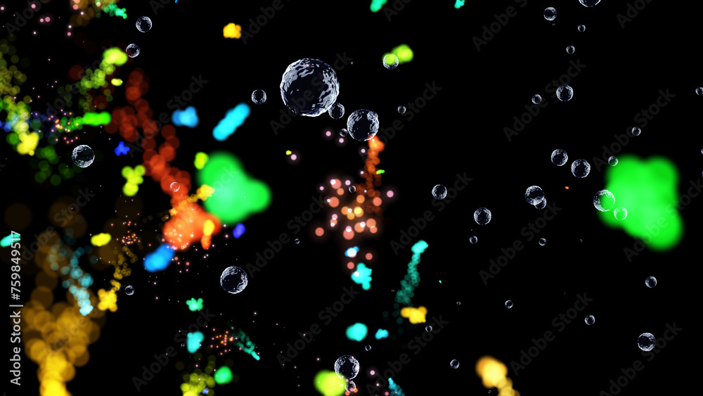 Wall mural abstract cosmic explosion. flying burning multi-colored particles. 3d. 4k. isolated black background