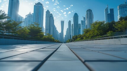 A beautiful sidewalk that stretches straight with group of futuristic buildings in the background. Generative AI.