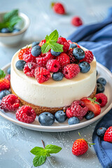 Cheese Cake with Fresh Berries Bowl and Green Mint