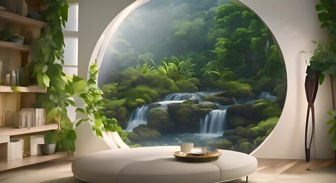 Stream overlay animation backgrounds live wallpapers seamless loop Cozy luxury living room round window with jungle rain view vtuber streamer gaming asset zoom screen Chill hip hop study video