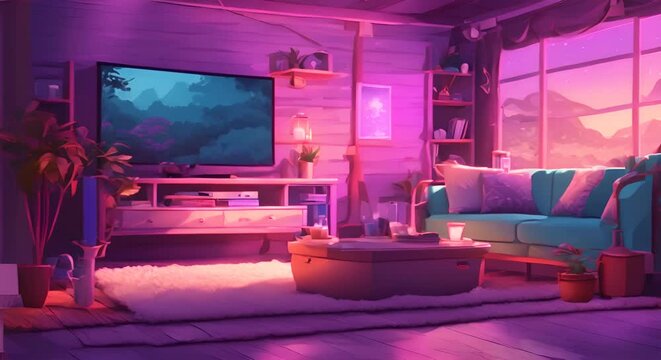 Stream starting soon screen overlay loop animation virtual backgrounds cozy lo-fi living room vtuber asset twitch zoom OBS live wallpaper anime chill hip hop Cyan purple colours manga style