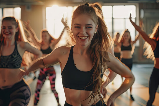 Portrait of happy fitness girls practicing zumba in modern dance class
